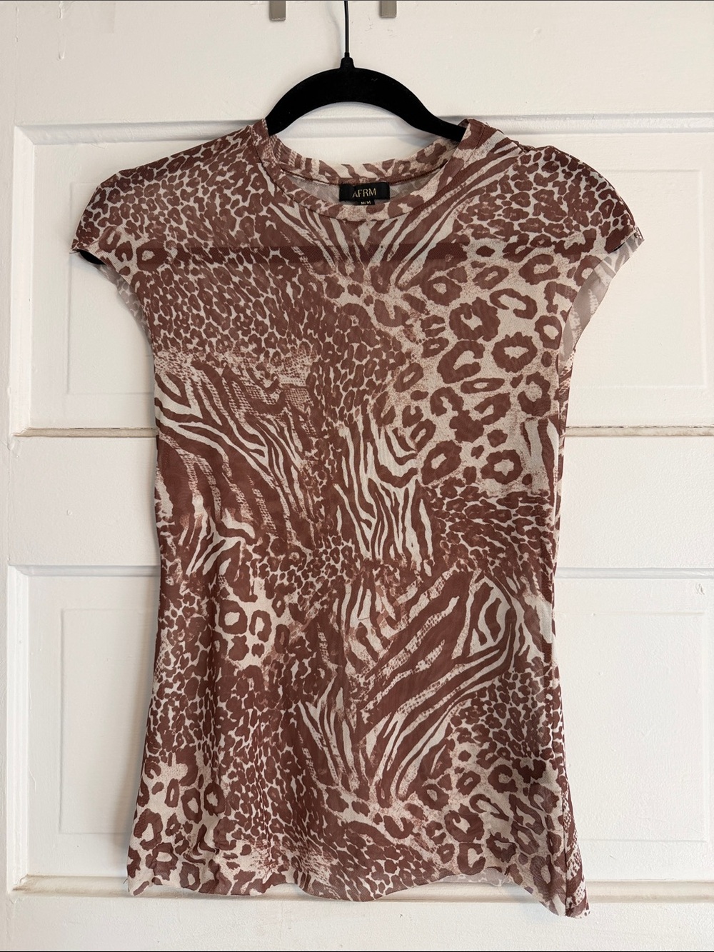 AFRM Brown & Cream Animal-Print Cap Sleeve Tee